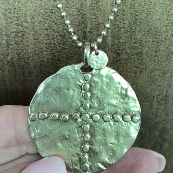 Gold ball chain necklace and 1-3/4” disk w/dotted cross & tiny charm by Chico’s - Picture 2 of 10